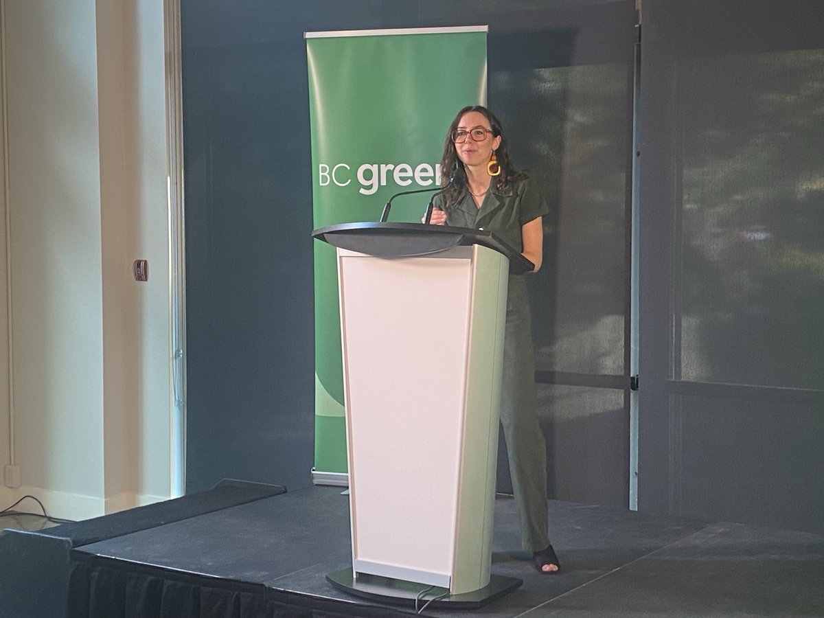 Emily Lowan giving her acceptance speech as new leader of BC Greens.  She won with 60% of the vote, double the second place finisher (Jonathan Kerr).  Says “we put the ‘party’ back in party!”, noting the many new members she attracted to the Greens.
#bcpoli