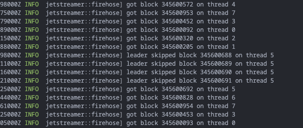 Jetstreamer firehose logs displaying block processing and leader-skipped blocks on multiple threads
