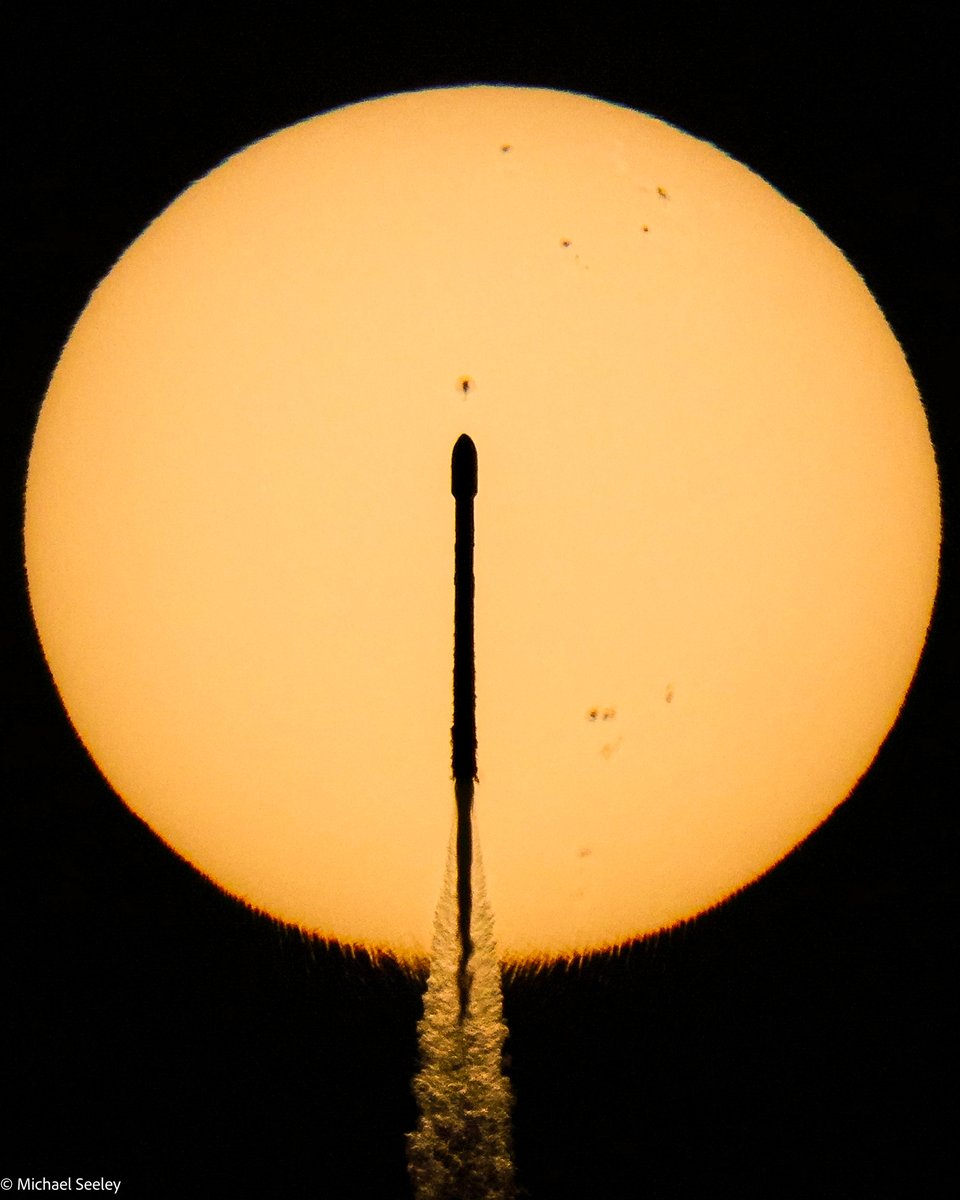 Michael Seeley (@mike_seeley) on Twitter photo Carrying 3 NASA spacecraft to map the Sun's influence across space, that's a SpaceX Falcon 9 rocket launched Wed AM from KSC's LC-39A, passing in front of its study subject, appearing to point at a region of solar activity, 4225. 
Region 4225, comprising two sunspots, spans 110 Carrying 3 NASA spacecraft to map the Sun's influence across space, that's a SpaceX Falcon 9 rocket launched Wed AM from KSC's LC-39A, passing in front of its study subject, appearing to point at a region of solar activity, 4225. 
Region 4225, comprising two sunspots, spans 110
