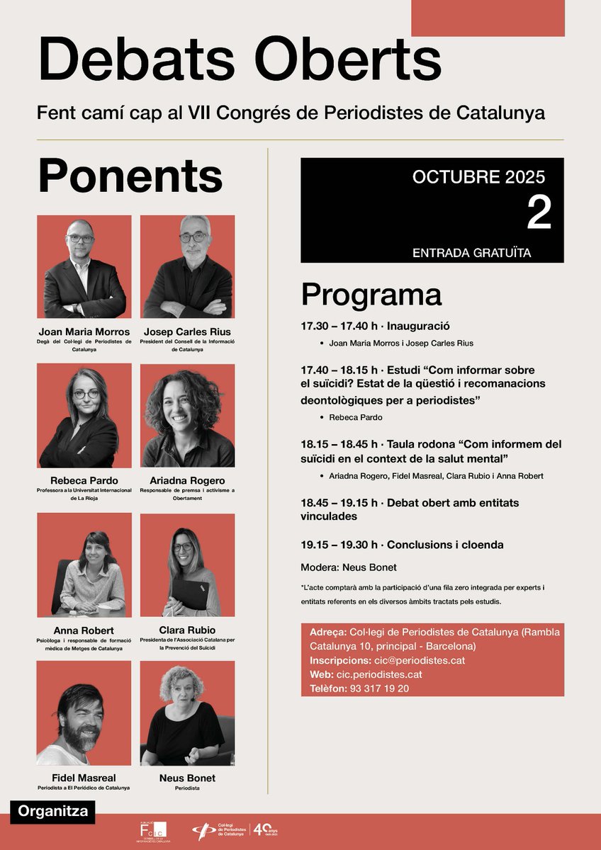 El 2 de octubre presentaré en <a href="/periodistes_cat/">Col·legi de Periodistes de Catalunya</a> el informe encargado por <a href="/CICfundacio/">Consell de la Informació de Catalunya (CIC)</a> sobre cómo informar del suicidio, en el marco de las Segundas Jornadas de sus Debates Abiertos, con grandes expertos en el tema.
Más info aquí: cic.periodistes.cat/2025/09/23/el-…