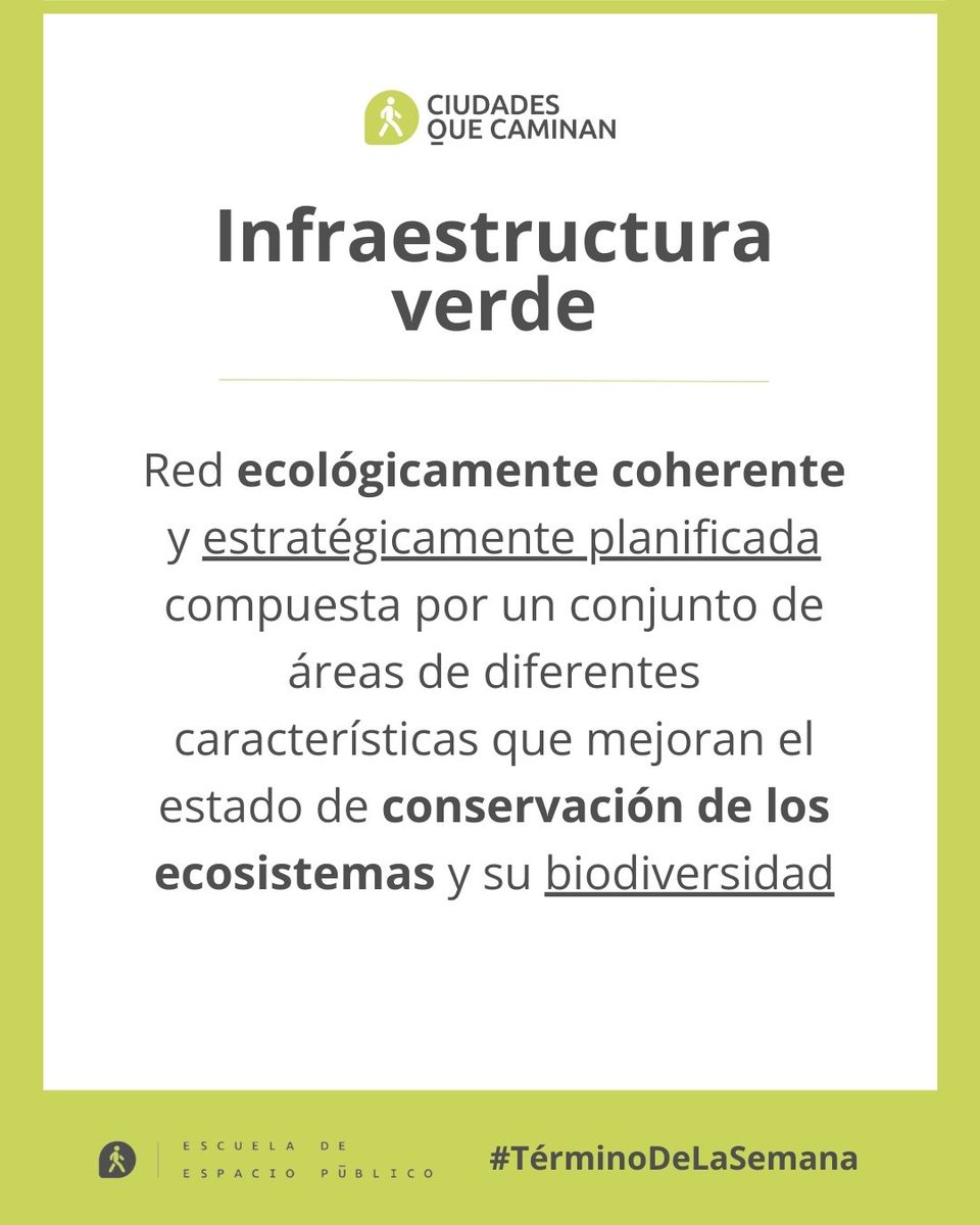 💬 #TérminoDeLaSemana | 🌳 Las infraestructuras verdes contribuyen a la conservación de la biodiversidad y benefician a las poblaciones humanas mediante el mantenimiento y mejora de las funciones que generan los servicios de los ecosistemas. #EEP #Biodiversidad #Urbanismo