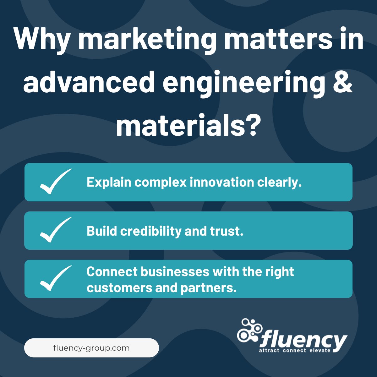 FluencyGroup's tweet image. Why marketing matters in advanced engineering & materials
It makes complex tech clear, builds trust, and connects innovation with customers, turning expertise into success.
#FluencySocials #MarketingMatters #AdvancedEngineering #AdvancedMaterials