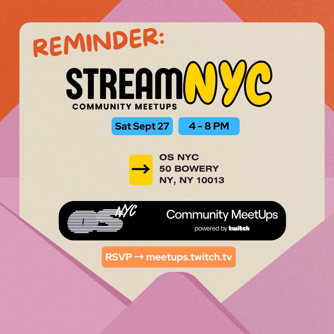 StreamNYC's tweet image. 👀 Reminder: Casual IRL MeetUp - Join us in 3 days for friendly chats with 215+ content creators, moderators, developers &amp;amp; viewers!
🗓️ When: SAT 09/27 @ 4-8 PM
📍 Where: OS NYC (@OS_NewYorkCity)
🎟️ RSVP: meetups.twitch.tv/e/mrb24c
ℹ️ About Us: snyc.live