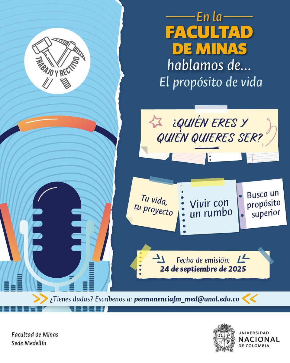 🎙️Nuevo episodio de la temporada del podcast "En la Facultad de Minas hablamos de..." ´Propósito de vida´

👩‍🔬Marleny Yepes Duque, ingeniera química y gerente de I+D en Pintuco, nos comparte claves sobre el papel de la familia y cómo vivir con propósito.

🎧spotifycreators-web.app.link/e/SyqpX004TWb