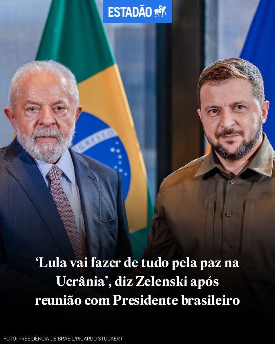 Estadao's tweet image. ‘Lula vai fazer de tudo pela paz na Ucrânia’, diz Zelenski após reunião com Presidente brasileiro > bit.ly/4mwEYq4
Como o Estadão revelou, em maio, Zelenski pediu e Lula intercedeu em conversa com Putin