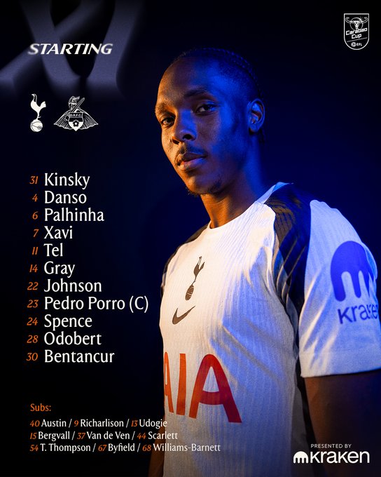 A person wearing a Tottenham Hotspur soccer jersey with the logo and sponsor Kraken visible. The jersey has the name "AIA" on the front. A list of names and numbers is displayed, including Kinsky, Danso, Palhinha, Xavi, Tel, Gray, Johnson, Pedro Porro, Spence, Odobert, and Bentancur, alongside substitutes Austin, Richarlison, Van de Ven, Udogie, Bergvall, Sarr, and Thompson.