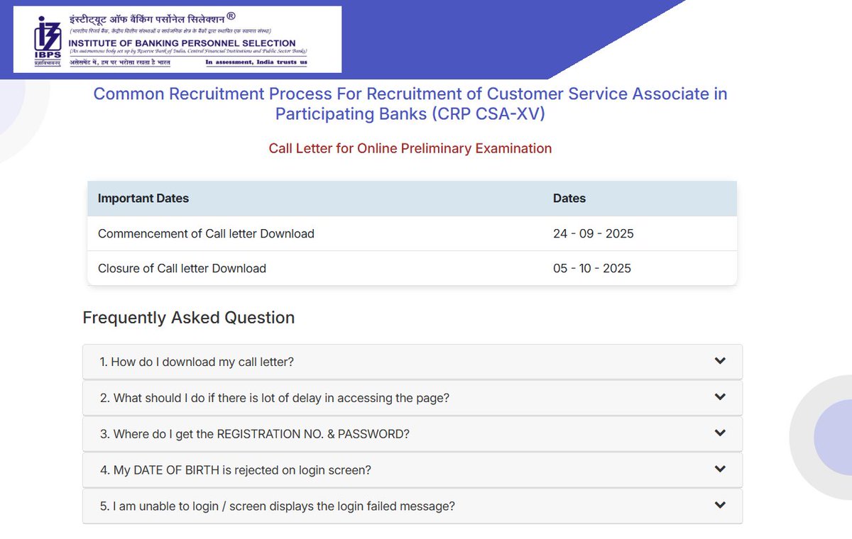 SomuBirada26373's tweet image. 📢 Admit Card Alert! CRP CSA-XV Prelims 2025 call letter released. Check exam dates &amp;amp; download yours today! 🔑 #CRPCSAXV #IBPSUpdates #India #EducationMatters #GovernmentJobs #jobseekers