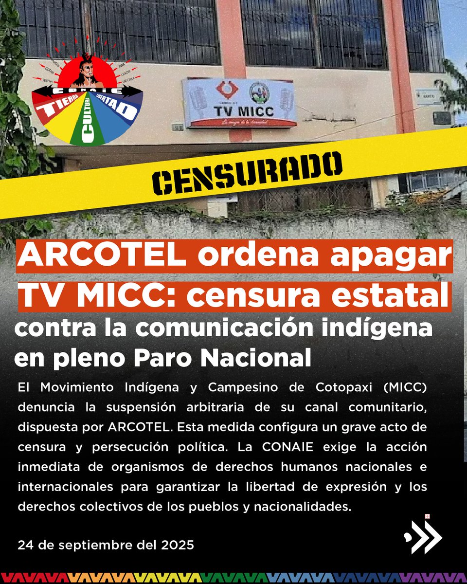 CONAIE_Ecuador's tweet image. ⭕ #URGENTE | Denunciamos la censura y suspensión arbitraria de TV MICC, canal comunitario del Movimiento Indígena y Campesino de #Cotopaxi -
@MICC, ordenada por @Arcotel_ec y #DanielNoboa.

Es un acto de censura en pleno #ParoNacionalEcuador, contra un medio que informa y…