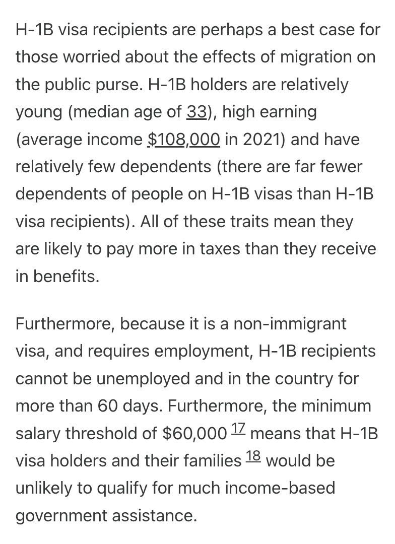 The fiscal impact of the H-1B program is a huge net positive, because visa holders are:

- young
- high-earning
- have few dependents
- cannot be unemployed
- unlikely to qualify for government aid