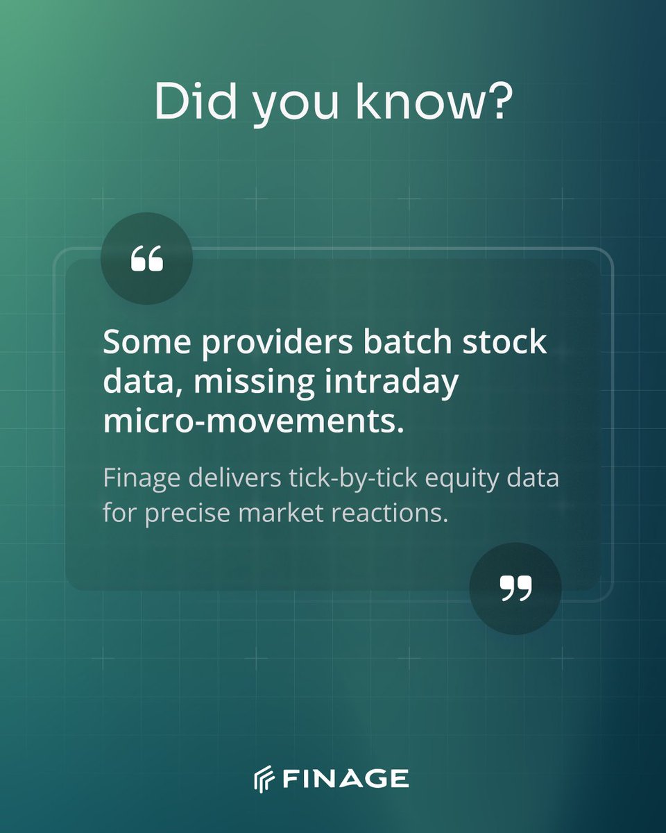 finageltd's tweet image. Batching hides the details.
Finage delivers tick-by-tick stock data so you never miss intraday micro-movements.
⚡ Precision in every tick.
#Finage #StockAPI #MarketData #TradingTools