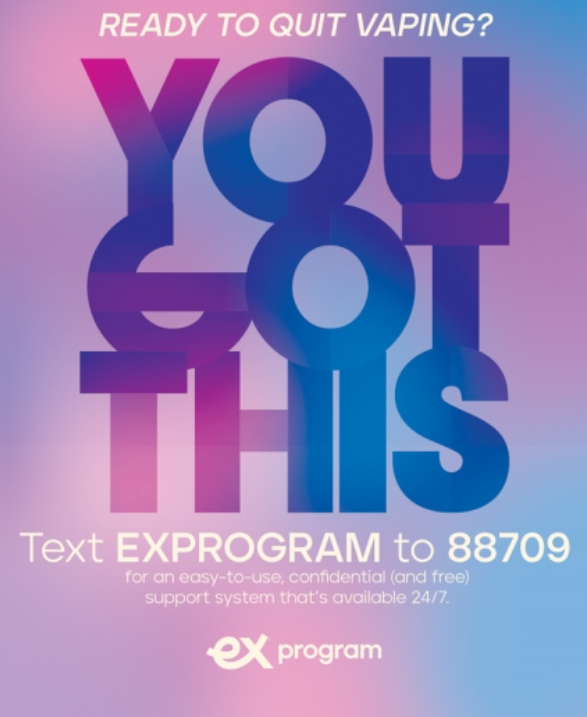 Ready to quit vaping? Text EXPROGRAM to 88709, free for ages 13 and up!

#tobaccofreenj