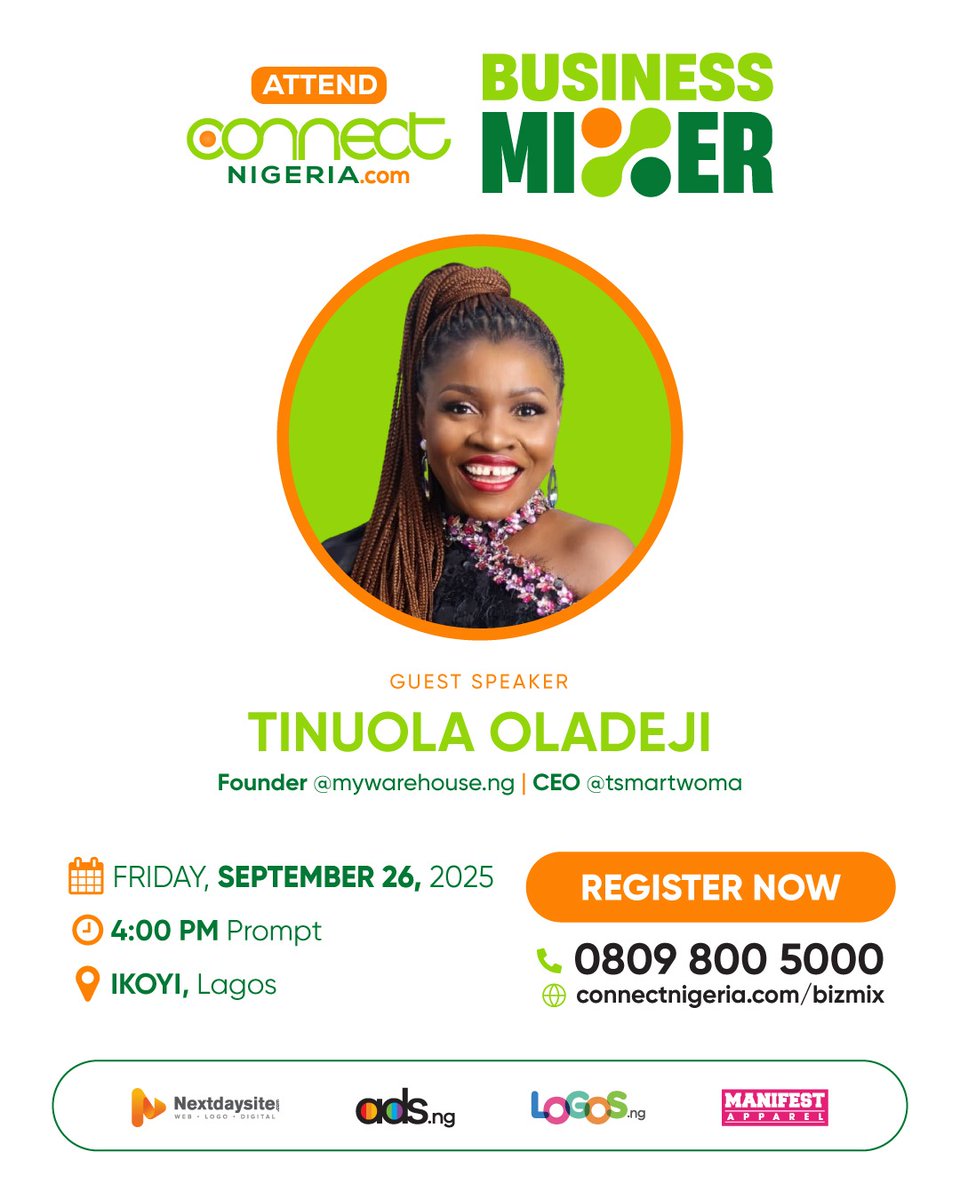 ConnectNigeria's tweet image. Meet Our Guest Speaker for the Business Mixer! 🚀
@TinuolaOladeji is the founder of @mywarehousehome and CEO of @tsmartwoman
She will be sharing insights to help entrepreneurs and business owners build stronger, sustainable businesses.
#bizmix #businessmixer #networkingevent