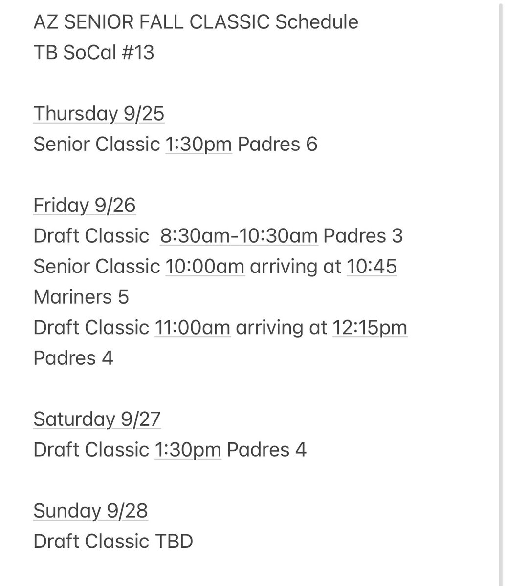 perezivan08's tweet photo. My schedule for AZ Senior Fall Classic 9/25-9/28 https://t.co/lUgNcGy9Nu