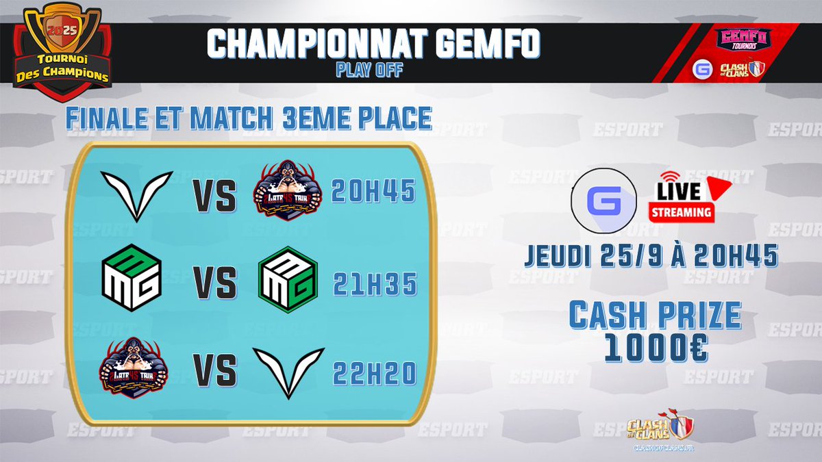 🚨 Le clash ultime approche…
🏆 GRANDE FINALE du Championnat GEmFo
💰 1000€ de Cash Prize
⚔️ Un seul clan soulèvera le trophée !
🎥 Live jeudi 25/9 prochain sur YouTube <a href="/gouloulou_coc/">Gouloulou</a> 

youtube.com/live/3X9YzscyF…