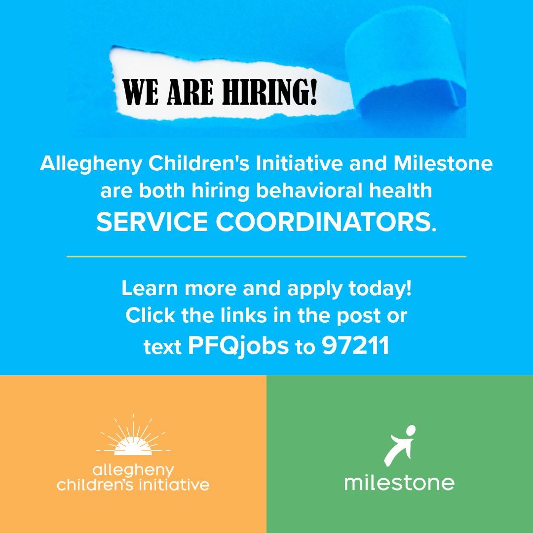 #Career opportunities! Allegheny Children's Initiative and Milestone are both seeking Service Coordinators. Join us for a career with meaning! Learn more and apply:
Allegheny Children's Initiative: careers.pfq.org/careers-home/j…
Milestone: careers.pfq.org/careers-home/j…