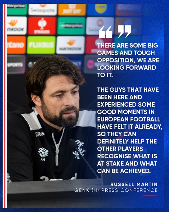 Russell Martin sitting at a table, wearing a black jacket with a Rangers Football Club logo. Multiple sponsor logos are visible in the background. Text overlay includes quotes attributed to Russell Martin and mentions of Genk and the Europa League.