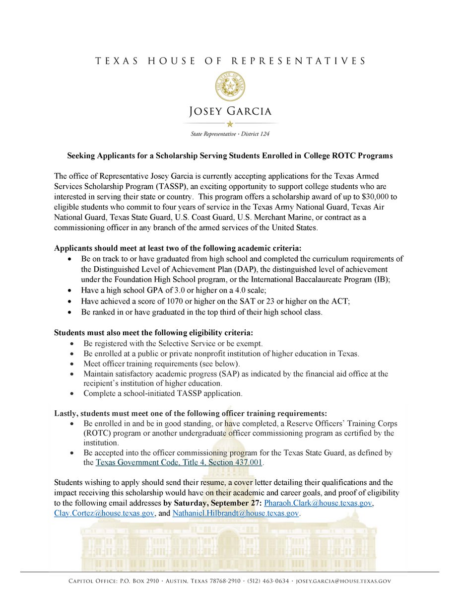 Are you a college student and future servicemember?

My office is accepting applications for a $30,000 scholarship through this Saturday.

Details for how to apply below: