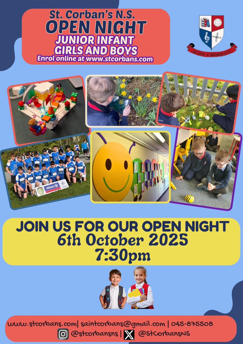 StCorbansNS's tweet photo. We’re delighted to welcome current &amp; prospective parents to our Junior Infant Open Night on Monday, October 6th, 2025 at 7:30pm.

Meet the team, explore our classrooms and discover what makes St.Corban’s such a special place to learn.✨

Now enrolling girls too! 👧

#StCorbans https://t.co/JMcgadrVV0