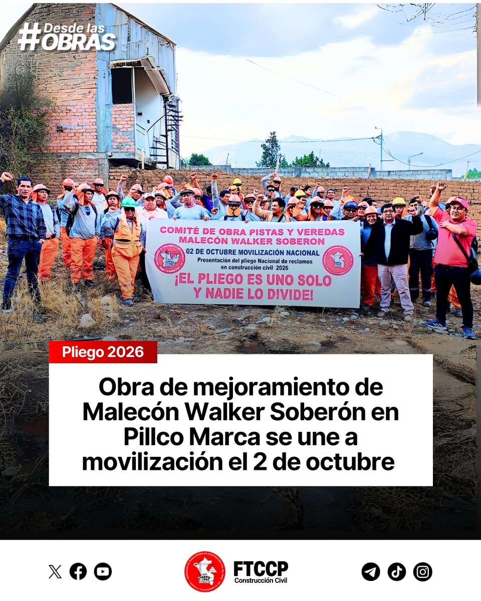El Secretariado Ejecutivo de la FTCCP visitó la obra de mejoramiento del Malecón Walker Soberón en Pillco Marca, Huánuco, donde los trabajadores reafirmaron su presencia en la movilización nacional del 2 de octubre para la presentación del Pliego Nacional de Reclamos en