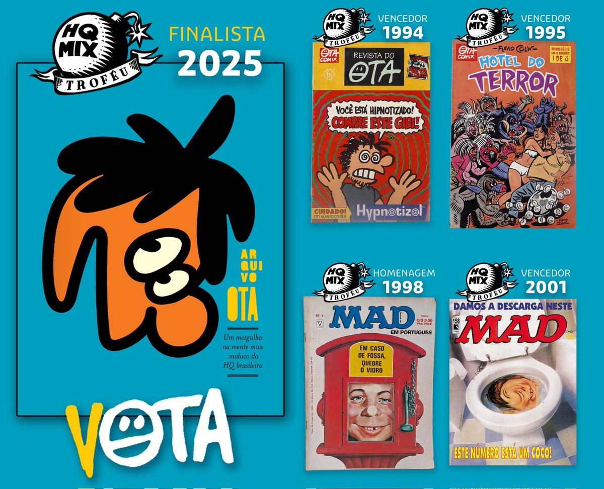 ÚLTIMOS DIAS PARA VOTAR NO ARQUIVO OTA PRO HQMIX 📣 Ota conquistou HQMIXes como cartunista (Revista do Ota foi Revista Independente 1994), como roteirista (Hotel do Terror em 1995) e como editor (homenagem em 1998 por 25 anos à frente da MAD, que ganhou Revista de Humor em 2001).