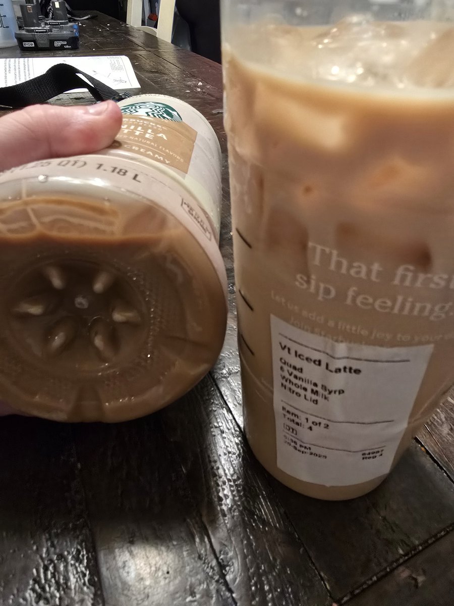 Ffjman81's tweet photo. @StarbucksCare venti iced vanilla latte with extra shot and whole milk.. they got it in reverse... so bad I had to stop and buy the stop version for comparison. I think they gave me the whole gallon in 1 cup with a touch of espresso https://t.co/VAZ7wx0UlO