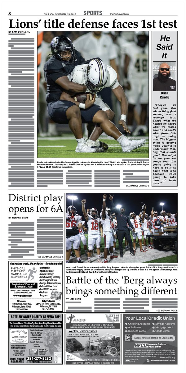 Sam Scinta (@statscinta) on Twitter photo Sneak peek at tomorrow's <a href="/fbheraldsports/">Fort Bend Herald sports</a> -
I look at tomorrow's top-3 clash between <a href="/RandleFootball/">TRHS Lions Football</a> and <a href="/IC_PioneersFB/">Iowa Colony Football</a> in a rematch of last year's Region 3 Final
We also preview this year's Battle of the 'Berg for <a href="/LCHS_Mustangs/">Lamar Consolidated Athletics</a> and <a href="/BFTerryFootball/">BF Terry Football</a>
#txhsfb
#FortBendFootball Sneak peek at tomorrow's <a href="/fbheraldsports/">Fort Bend Herald sports</a> -
I look at tomorrow's top-3 clash between <a href="/RandleFootball/">TRHS Lions Football</a> and <a href="/IC_PioneersFB/">Iowa Colony Football</a> in a rematch of last year's Region 3 Final
We also preview this year's Battle of the 'Berg for <a href="/LCHS_Mustangs/">Lamar Consolidated Athletics</a> and <a href="/BFTerryFootball/">BF Terry Football</a>
#txhsfb
#FortBendFootball