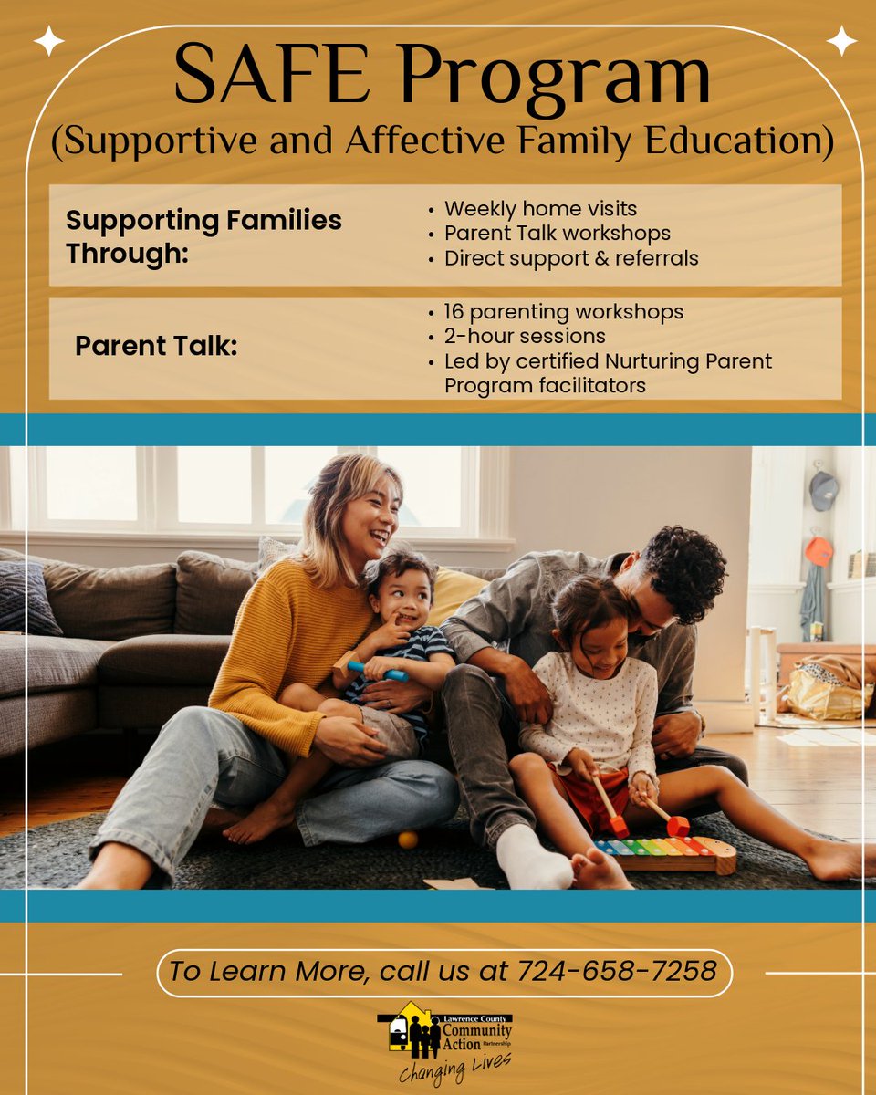 LawCountyCAP's tweet image. 🤝In partnership with CYS, the SAFE Program at LCCAP helps families build stronger futures.

Through weekly visits and workshops, parents gain tools to overcome barriers, reach goals, and strengthen bonds.

📞Learn more: 724-658-7258

#FamilySupport #SAFEProgram #StrongerTogether