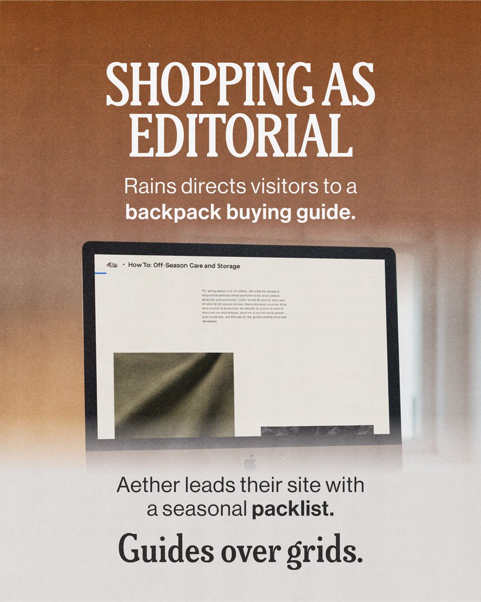 orenmeetsworld's tweet image. Ecommerce websites are starting to look... much different than 18 months ago
- buying guides vs lookbooks (Rains, Aether)
- pro teams with product picks over showcases (On)
- vintage/curation and new products side by side (Elwood)
- integration with discords and reddit vs social…