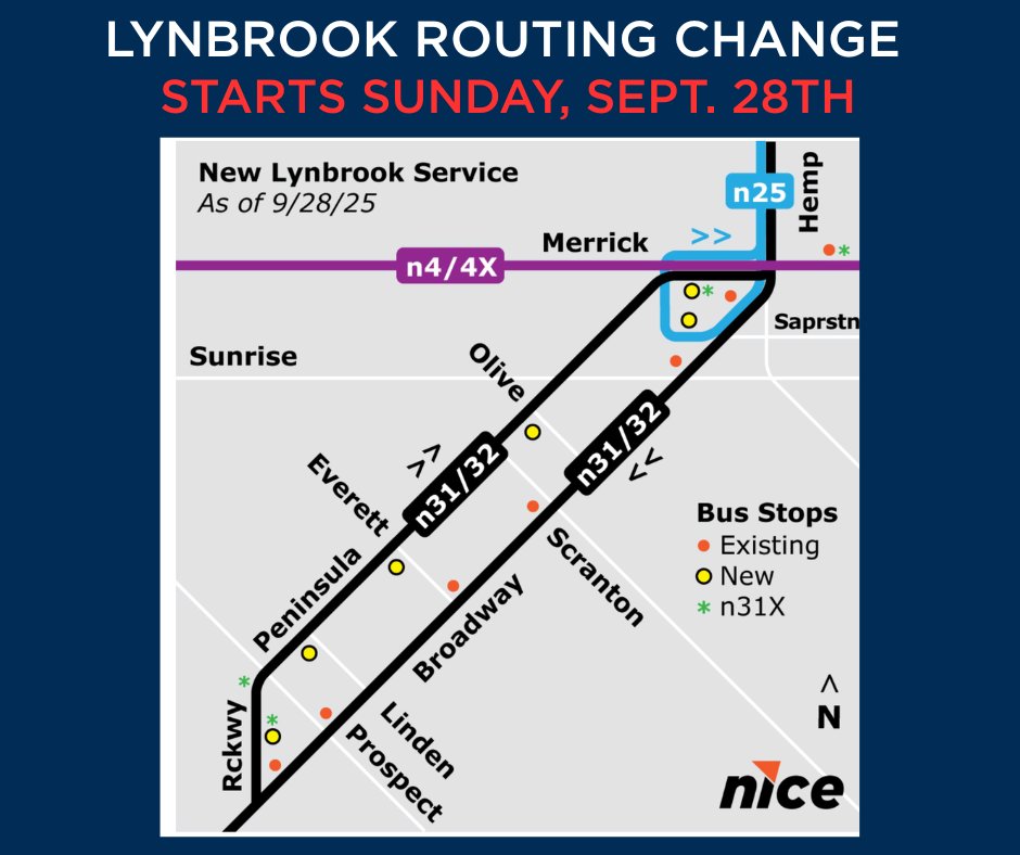 #NICEALERT
New Routing and Stops start Sunday, Sept. 28th

Service in Lynbrook is being realigned to accommodate changes in neighborhood infrastructure, and improve safety, transit connections and traffic flow.

For details on stop changes visit nicebus.com/Passenger-Info…