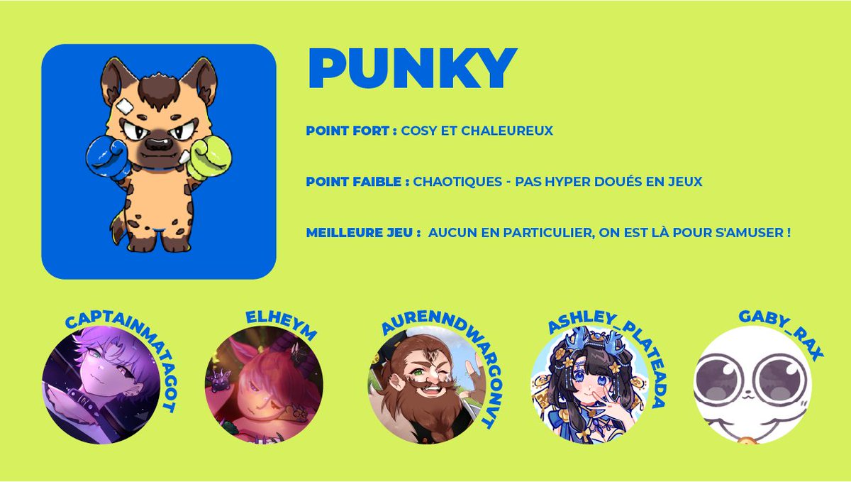 ✨Equipe Punky✨

Une 4eme équipe tout aussi cute que les autres mais peut être que leur côté chaotique donnera un avantage sur certains jeux ! 

-<a href="/CaptainMatagot/">CaptainMatagot🔥⛓️ CATBOY PRISONER (ADHD/TDAH)</a> 
-<a href="/PixElheym/">Elheym ✨</a> 
-<a href="/AurennDwargonVT/">Aurenn Dwargon VT 🐉 🍻</a> 
-<a href="/AshleyPlateada/">Ashley Plateada 🐉</a> 
-<a href="/Gaby_Rax/">Gaby Rax ☁️ V-Artist ☁️</a>