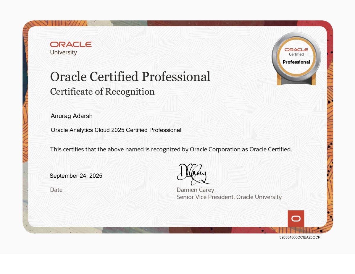 _anurag_adarsh's tweet image. 🎉 Achieved #Oracle  Data Platform Certified Foundations Associate and Oracle Analytics Cloud Certified Professional certifications! 🚀

These certifications deepened my expertise in data management, cloud analytics, and turning data into actionable insights. #RaceToCertification
