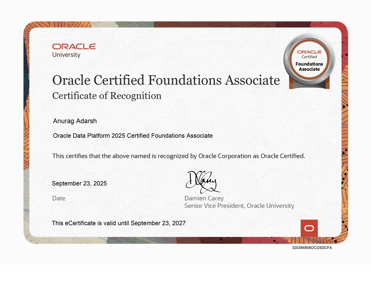 _anurag_adarsh's tweet image. 🎉 Achieved #Oracle  Data Platform Certified Foundations Associate and Oracle Analytics Cloud Certified Professional certifications! 🚀

These certifications deepened my expertise in data management, cloud analytics, and turning data into actionable insights. #RaceToCertification
