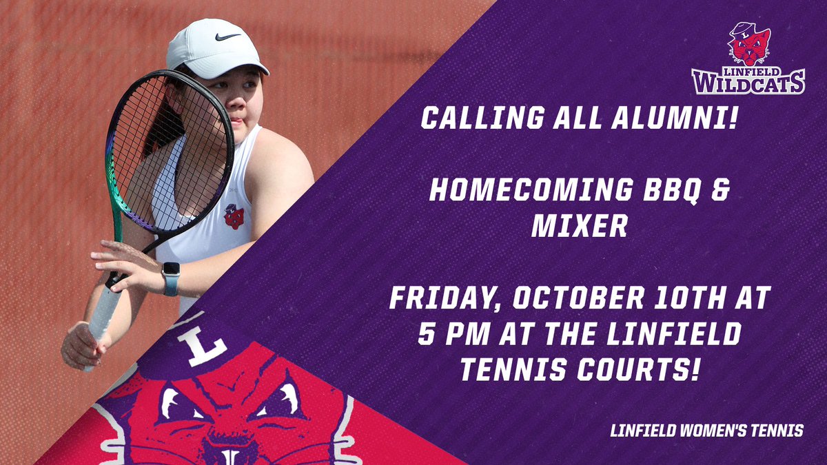 🎾 Linfield Women’s Tennis Alumni! 

A Homecoming BBQ &amp; Mixer just for YOU —  Friday, Oct. 10 at 5:00 PM at the Linfield Tennis Courts!

✅ No cost
✅ Food &amp; drinks
✅ Good vibes &amp; great people

Help us spread the word! Let us know if you can make it 💜