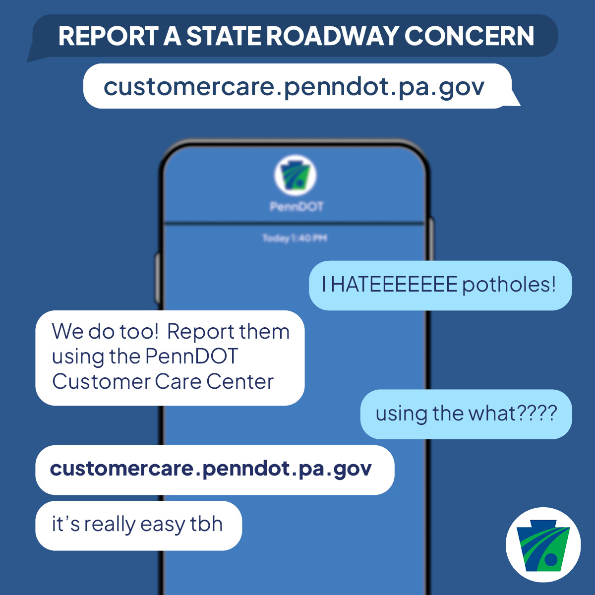PennDOTNews's tweet image. “I love hitting potholes!” Said no one ever.

You can report them—and any other state roadway concerns—via customercare.penndot.pa.gov.

We’ll schedule any needed repairs, and there will be one less pothole in the world. It’s a win-win situation. 👍