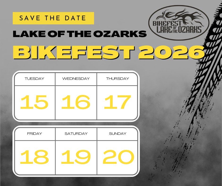 𝗠𝗮𝗿𝗸 𝗬𝗼𝘂𝗿 𝗖𝗮𝗹𝗲𝗻𝗱𝗮𝗿𝘀!
Lake of the Ozarks Bikefest 2026 is officially set for September 15–20! Get ready—next year is going to be even more epic!
𝘠𝘰𝘶 𝘸𝘰𝘯’𝘵 𝘸𝘢𝘯𝘵 𝘵𝘰 𝘮𝘪𝘴𝘴 𝘪𝘵!
#LakeBikefest2026 #RideTheOzarks #EpicRides #BikerLife