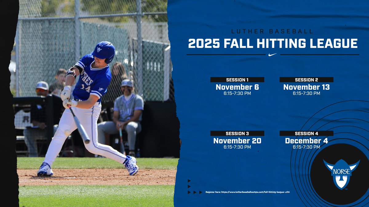 Luther Baseball is hosting a hitting camp for 3rd-12th graders 11/6, 11/13, 11/20, and 12/4 from 6:15-7:30 PM. Want to work on your hitting skills? Sign up today at lutherbaseballcamps.com/fall-hitting-l….