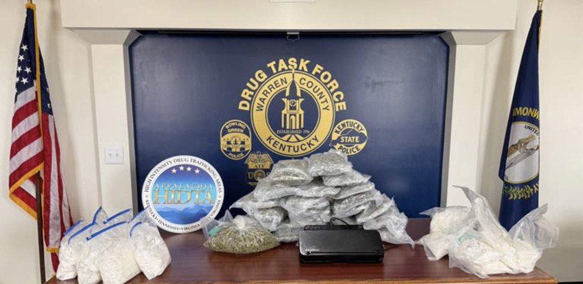 joeimel's tweet photo. Per @tloving138 The Bowling Green–Warren County Drug Task Force began an investigation into drug trafficking activity in the Bowling Green area, which led to the identification of a “stash house” operating in the city.
On September 22, 2025, detectives established probable cause and, with authorization from the Warren County Commonwealth’s Attorney, obtained a search warrant approved by a District Judge. That evening, at approximately 9:30 p.m., the warrant was executed at a residence located in the 700 block of West Main Avenue in Bowling Green. Detectives with the Drug Task Force were assisted by the Bowling Green Police Department, Kentucky State Police, and the Warren County Sheriff’s Office.
The following items were seized from the residence:
•36 pounds of Mexican crystal methamphetamine
•30 pounds of processed marijuana
•2 pounds of powder cocaine
•14.6 grams of powder fentanyl
•Numerous items of drug paraphernalia consistent with a large-scale narcotics trafficking operation
This investigation will be presented to the Warren County Commonwealth’s Attorney’s Office and the United States Attorney for the Western District of Kentucky to determine which jurisdiction is most appropriate for prosecution. As the investigation continues, additional information will be released when appropriate.