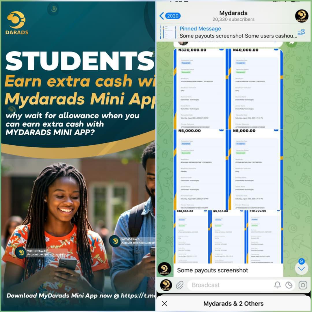 I DON BRING SHARP UPDATE FOR UNA😮‍💨👇🏼

Mydarads.com just launched a Telegram mini app! Earn ABOVE ₦20,000 daily by simply performing simple task🤩🤑 Withdraw directly to your bank account!
Tap the link below👇 to get:
INSTANT ₦1,000 gift🎁
👇🏻👇🏻👇🏻