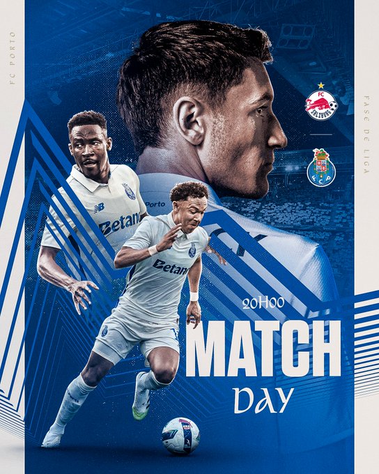 Multiple FC Porto soccer players in white jerseys with blue accents, including visible Betano logos. One player is running with a soccer ball, another is in action, and a third is shown in profile. The background features a stadium setting and FC Porto logos.