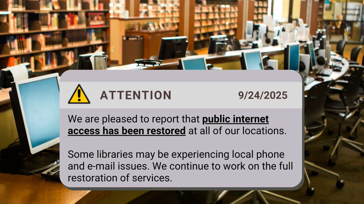 ATTENTION: We are pleased to report that public internet access has been restored at all of our locations. Some libraries may be experiencing local phone and e-mail issues.  We continue to work on the full restoration of services.