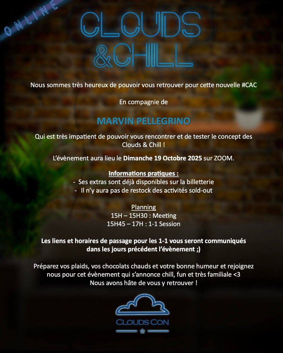 CloudsCon's tweet image. 🖥️ #CACMarvin 🖥️

Nous sommes très heureux d’accueillir MARVIN PELLEGRINO pour notre nouvelle #CAC 🌟🥰

Rejoignez nous pour une rencontre tout en douceur le Dimanche 19 Octobre 2025 ! 🖥️✨

Planning
15h-15h30 : Meeting
À partir de 15h45 : 1-1 session

🎟️ Billetterie: