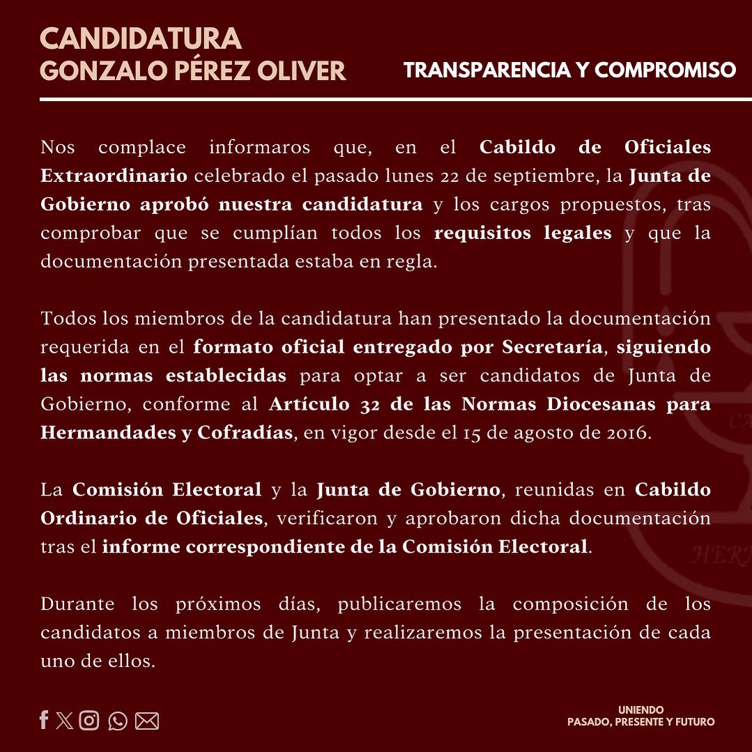 CANDIDATURA | El pasado lunes en Cabildo Extraordinario de Oficiales, nuestra candidatura fue aprobada tras verificar que todos los requisitos y la documentación estaban en regla.

📌 En los próximos días publicaremos la composición de los candidatos a miembros de Junta.