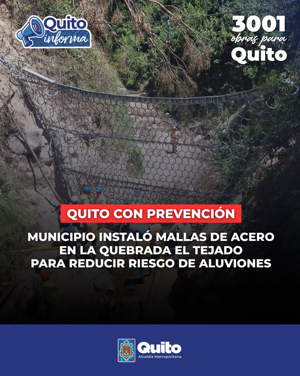 ⛰️ #QuitoConPrevención | Alrededor de 53 mil vecinos de La Comuna y La Gasca se benefician con la instalación de dos mallas de acero en la quebrada El Tejado, para prevenir riesgos frente a las lluvias. 

¿Cómo funcionan las mallas? 👉  lc.cx/qITnHy 

#QuitoRenace