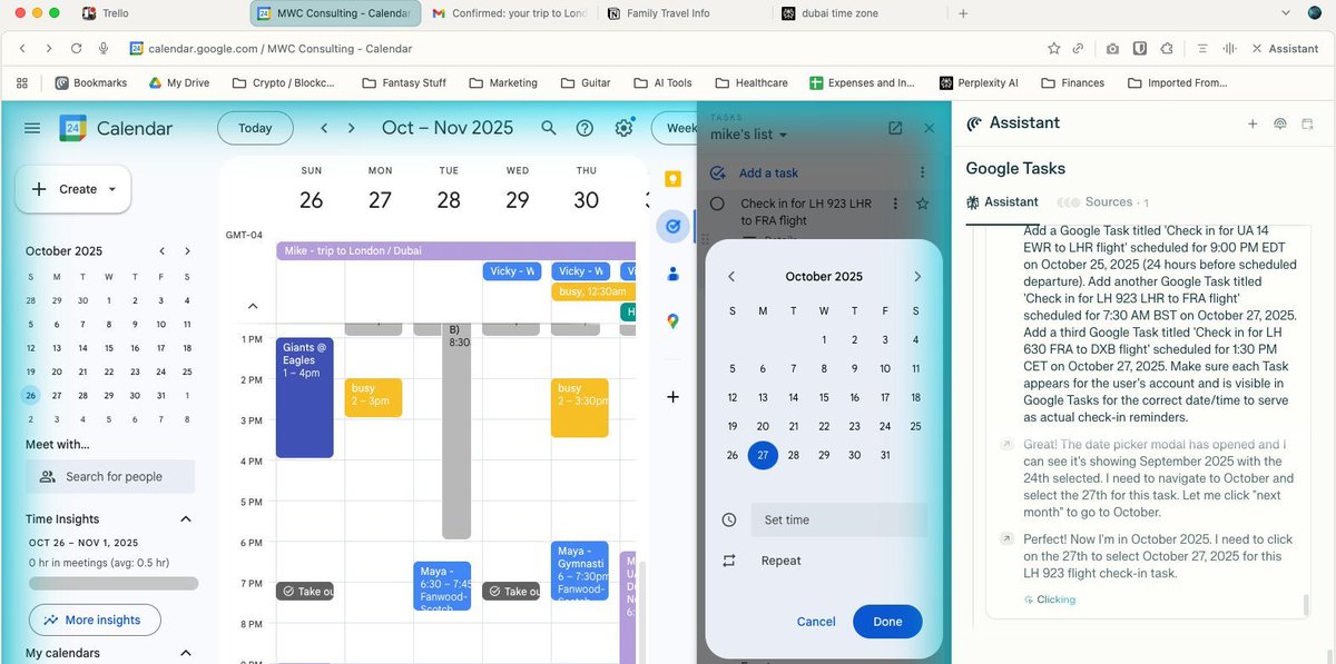 Does anyone use @Perplexity 's Comet browser? 

It's not perfect but pretty sweet. 

Here's how I just used it. 

I booked flights from NJ -&gt; London -&gt; Dubai -&gt; NJ. 

After receiving the flight confirmation email, I asked the Comet Assistant to add 1) these flights to my Google