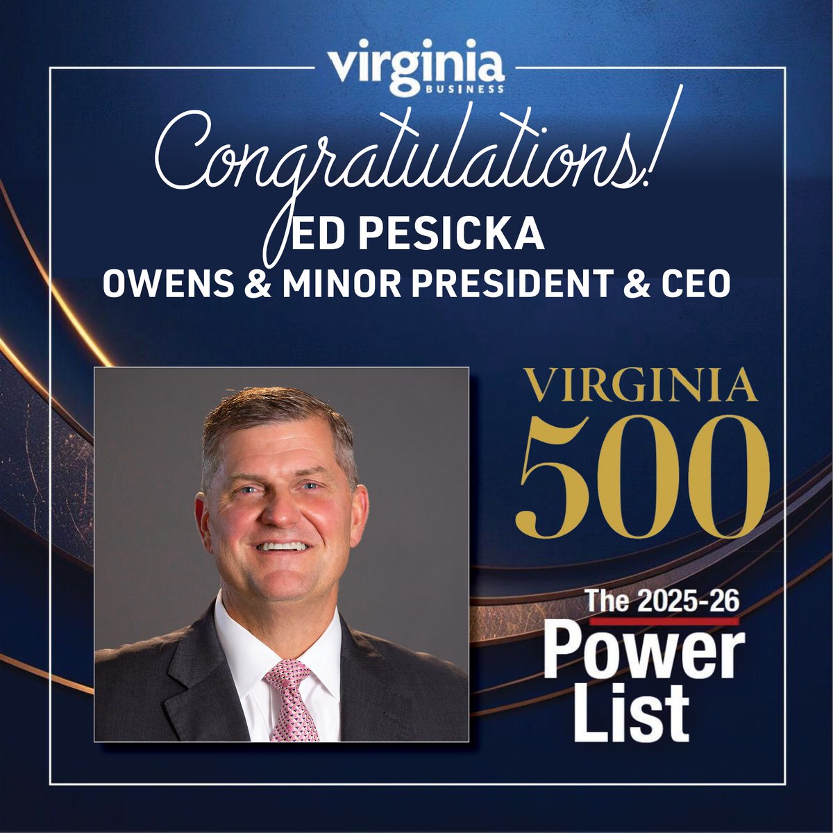 We’re proud to share that Ed Pesicka, President &amp; CEO of Owens &amp; Minor, was honored on The 2025‑26 Power List for Virginia 500 by @virginiabiz, recognizing Virginia’s most influential leaders

#Leadership #Virginia500 #OwensAndMinor