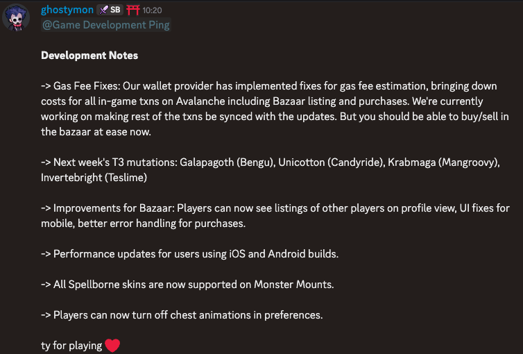 Notas do Dev publicadas hoje no Discord oficial do <a href="/spellbornegame/">Spellborne</a> 

Vamos à tradução oficial Spell[BR]👇

-&gt; Correção das taxas de gás: Nosso provedor de carteira implementou correções na estimativa de taxas de gás, reduzindo os custos para todas as transações no jogo usando