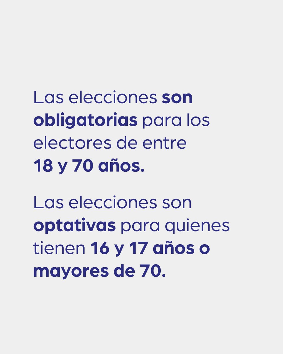 ⁉️ ¿Quiénes votan en las elecciones del 26 de octubre?

👉 Las próximas elecciones son nacionales.

❗ Es obligatorio ir a votar para los electores de entre 18 y 70 años.

‼️ Las elecciones son optativas para quienes tienen 16 y 17 años o mayores de 70.