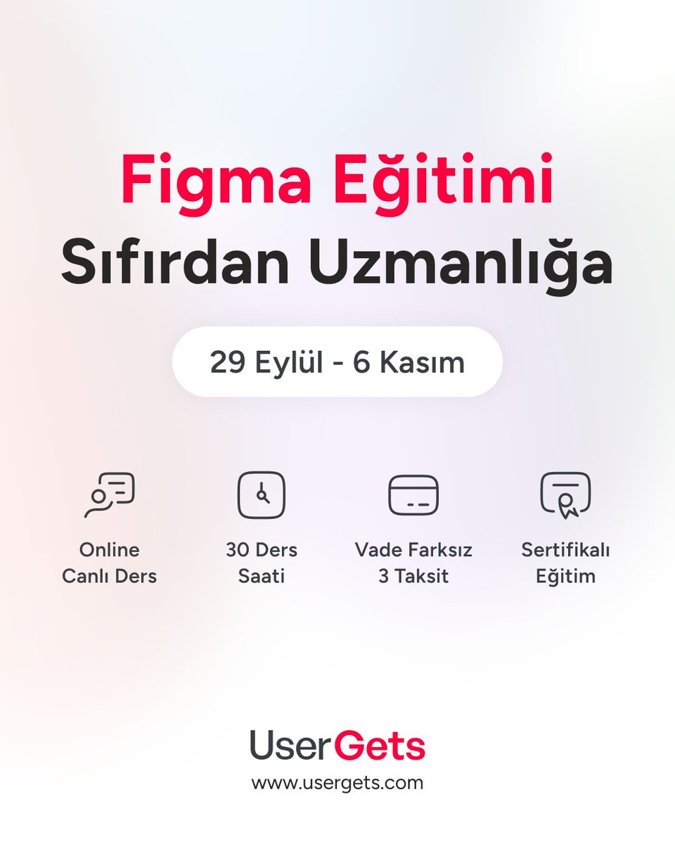 UserGetstr's tweet image. 🚨 Son 5 Gün!

UserGets Online UX/UI Tasarım Eğitimi ve Sıfırdan Uzmanlığa Figma Eğitimi kayıtları kapanıyor. Gerçek iş hayatı senaryolarıyla öğren, portfolyona değer kat. 

UX/UI Tasarım Eğitimi
usergets.com/egitimler/onli…

Sıfırdan Uzmanlığa Figma Eğitimi
usergets.com/egitimler/uygu……