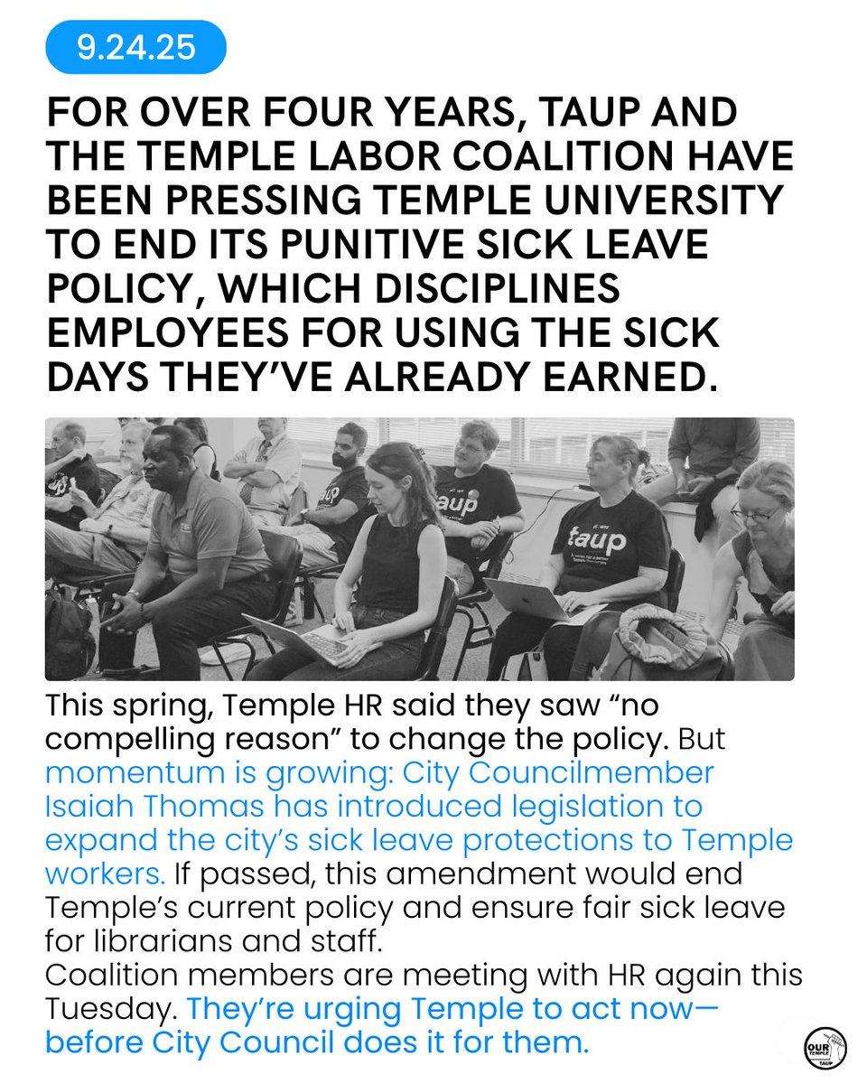 📢 Sick Day Campaign Update
⏰ Coalition members are meeting with Sharon Boyle, head of Temple Human Resources again this Tuesday. They’re urging Temple to act now—before City Council does it for them.
