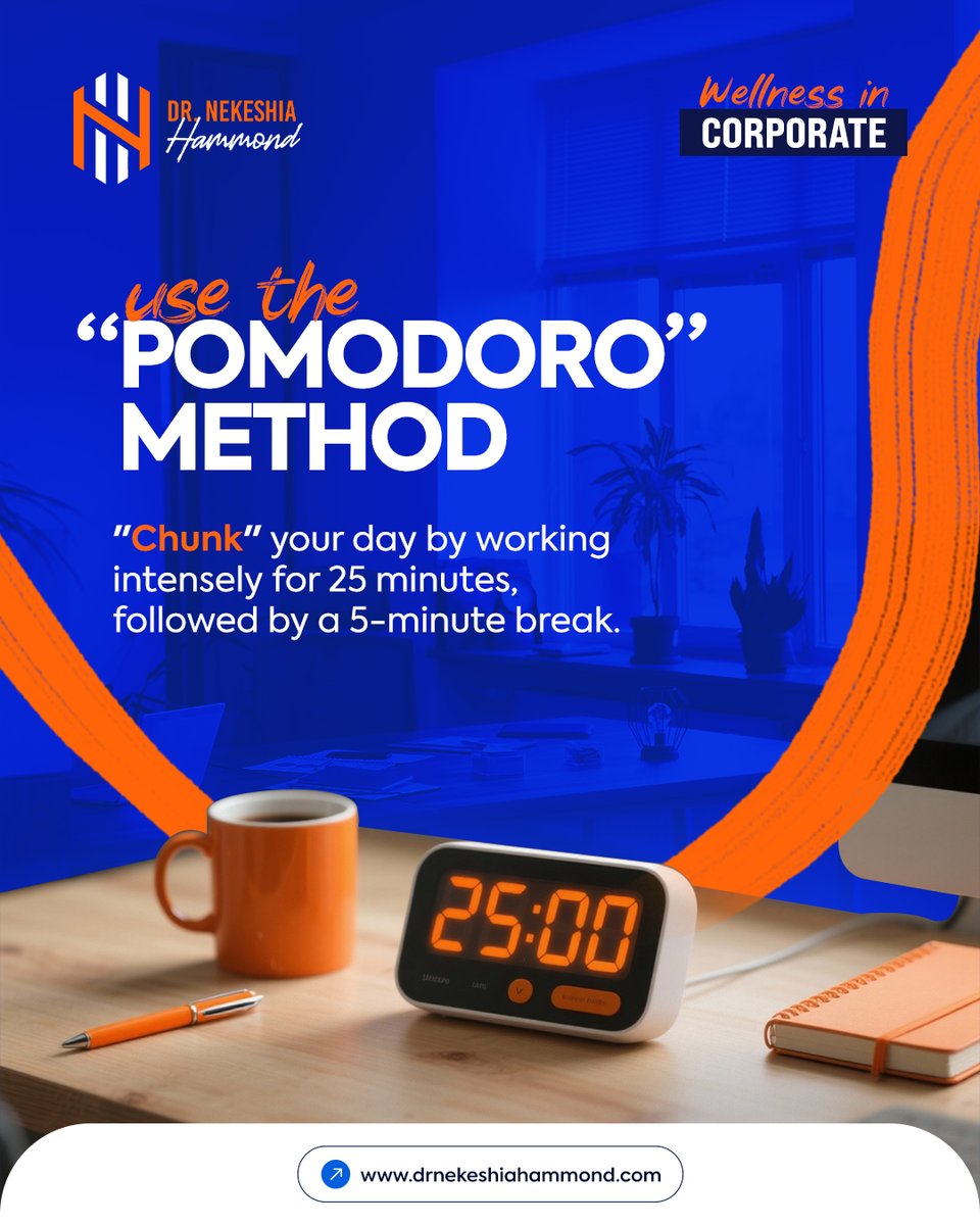 Dr_Hammond's tweet image. Work smarter, not longer! ⏱ Use the Pomodoro Method: 25 minutes of focus + 5 minutes of rest = maximum productivity. 🚀
#PomodoroMethod #WorkSmart #ProductivityTips #CorporateWellness #FocusAndFlow #WorkLifeBalance #Wednesday #DrNekeshiaHammond